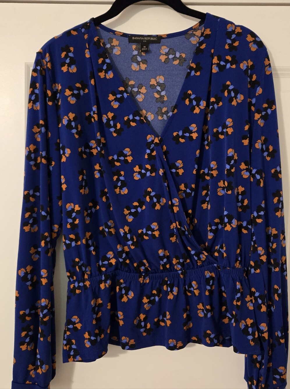 Banana Republic Cobalt Blue Long-Sleeve Floral Faux Wrap Top
